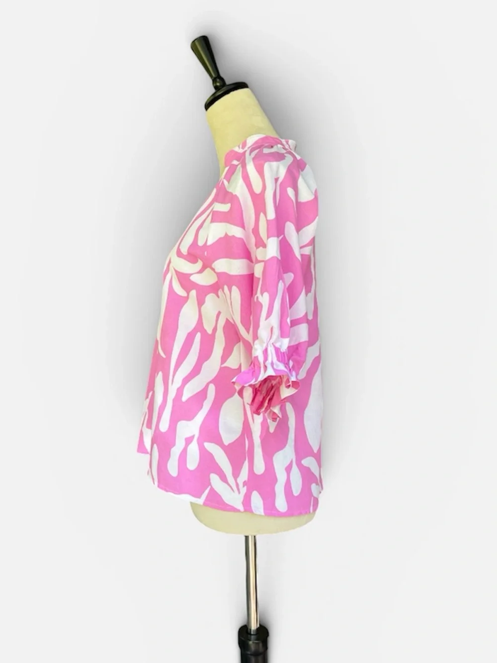 Anthropologie THML Abstract Puff-Sleeve Blouse in Pink & White Sz XS